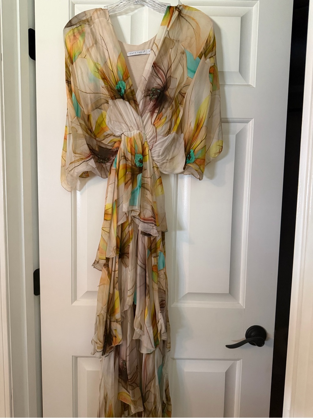 Tempo Paris Floral Chiffon Maxi Dress in Beige and Turquoise